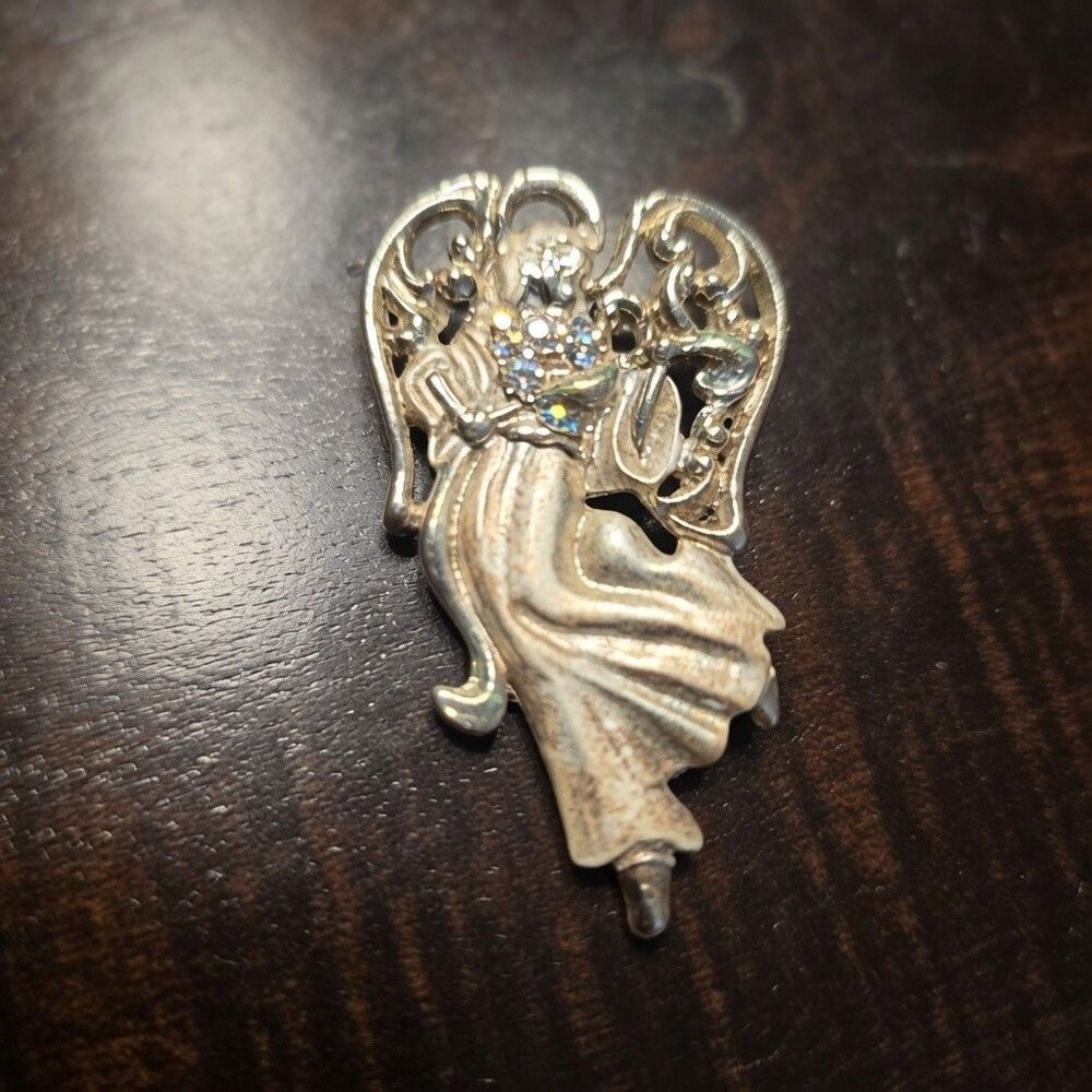 Vintage Silver Tone Openwork Angel Fairy Brooch Rhinestones Signed ©AV
